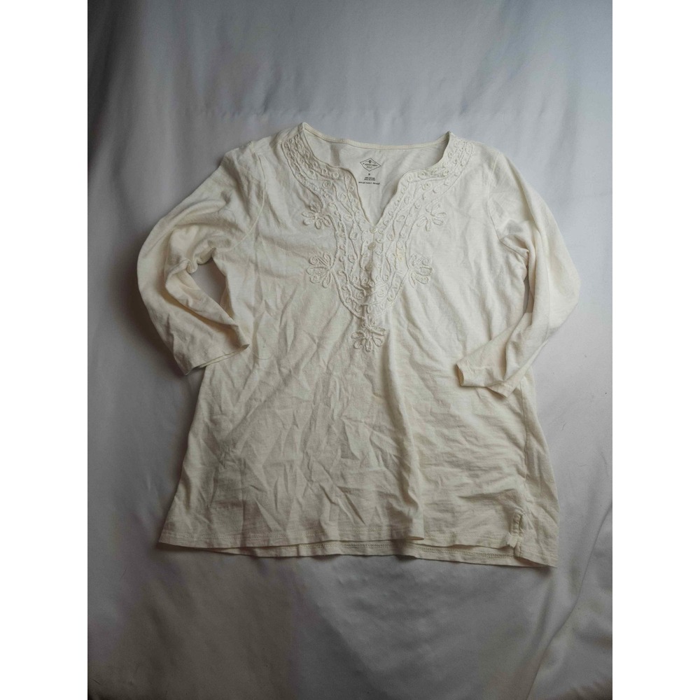 St Johns‎ Bay Womens Cream Embroidered Split Neck Cotton Top Size S Long Sleeve